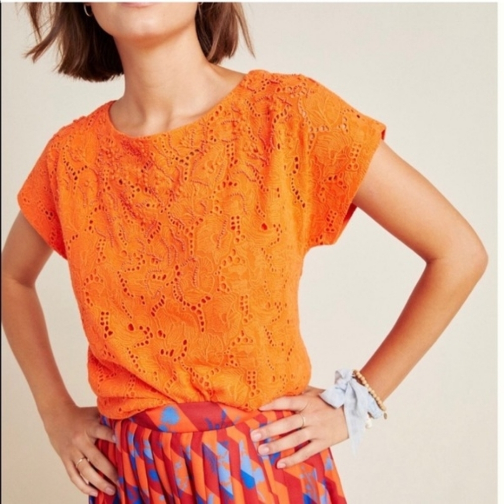 💘 Anthropologie Maeve Karine Crochet Orange Lace Beaded Eyelet Blouse